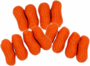 Several orange and soft candy "circus peanuts" laying on a flat transparent background.